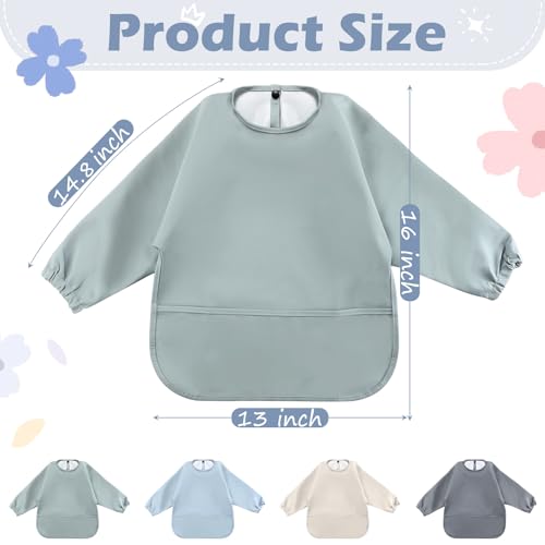 Long Sleeve Waterproof Baby Bibs 4 Pack - Feeding Smocks with Pocket