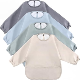 Long Sleeve Waterproof Baby Bibs 4 Pack - Feeding Smocks with Pocket