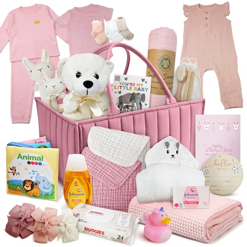 Baby Girl Gift Basket - Newborn Essentials Care Package, Pink & White