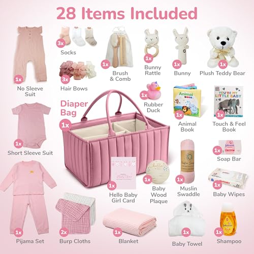 Baby Girl Gift Basket - Newborn Essentials Care Package, Pink & White