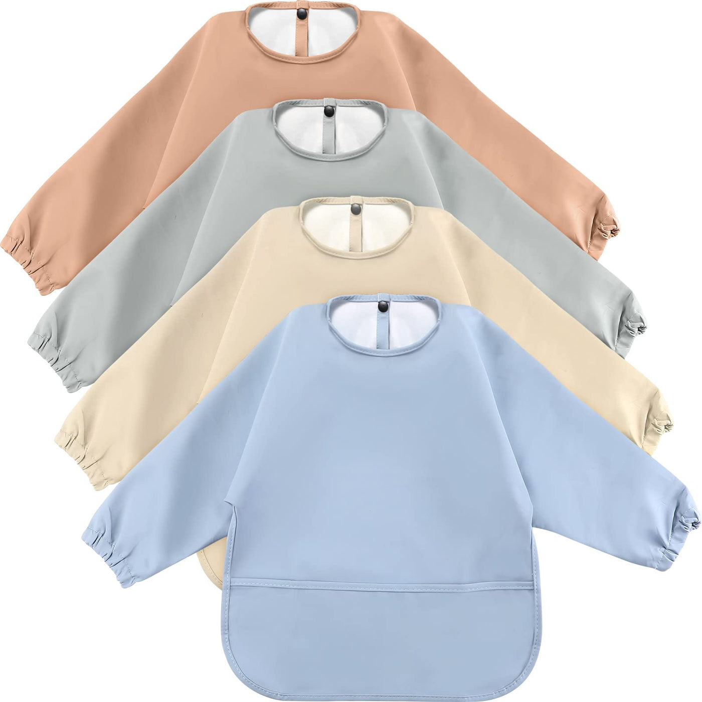 Long Sleeve Waterproof Baby Bibs 4 Pack - Feeding Smocks with Pocket