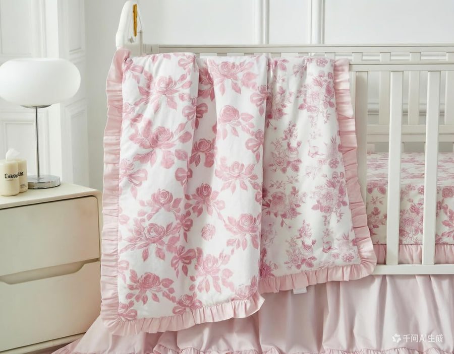 Organic Cotton Baby Girl Crib Bedding Set 3 Piece - Boho Floral, Light Pink