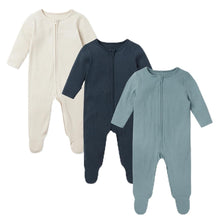Baby Ribbed Footed Pajamas 3 Pack - Ecru, Blue & Navy, Zip Closure, 6-9 Months