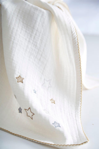4-Layer Muslin Swaddle Blanket with Star Embroidery - 39 x 39 In, Gray