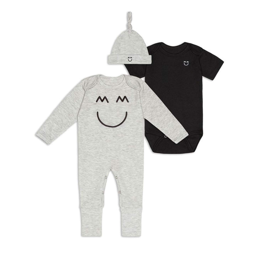 Miles and Milan Knotted Cap, Bodysuit and Romper Cozy Set