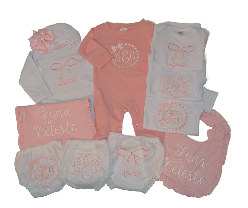 Newborn Baby Girl Gift Set 11 Piece - Romper, Bloomers, Bib & Burp Cloth, Pink & White