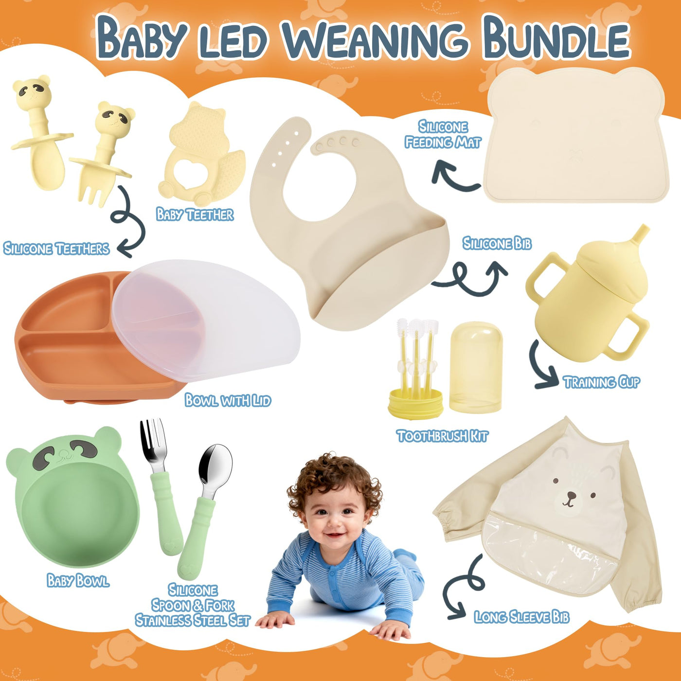 Baby Feeding Essentials Set - Silicone Plate, Bib, Cup & Utensils