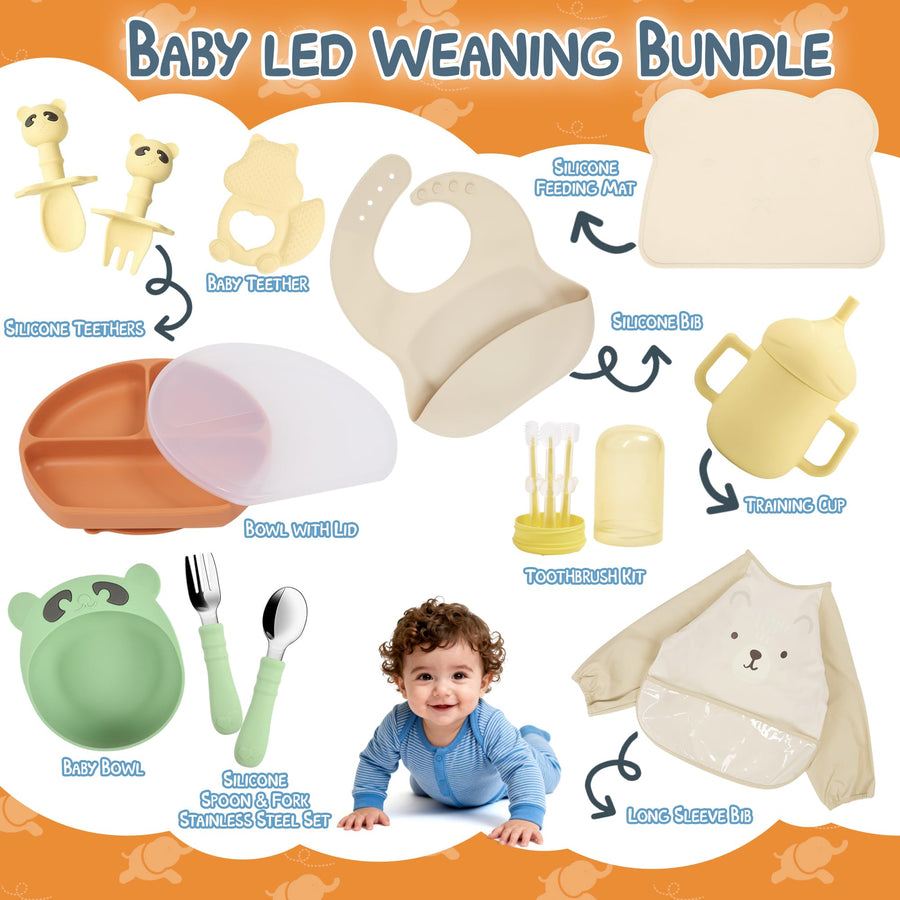 Baby Feeding Essentials Set - Silicone Plate, Bib, Cup & Utensils