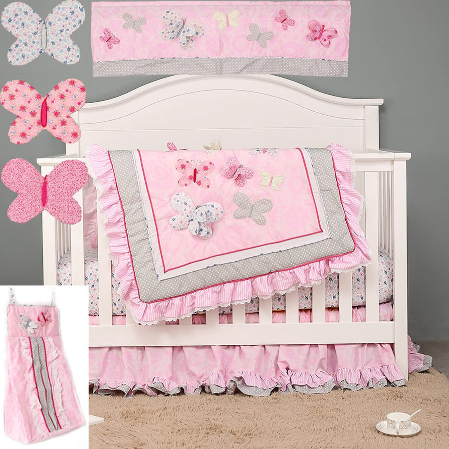 Baby Girl Butterfly Crib Bedding Set 8 Piece - Pink Embroidery
