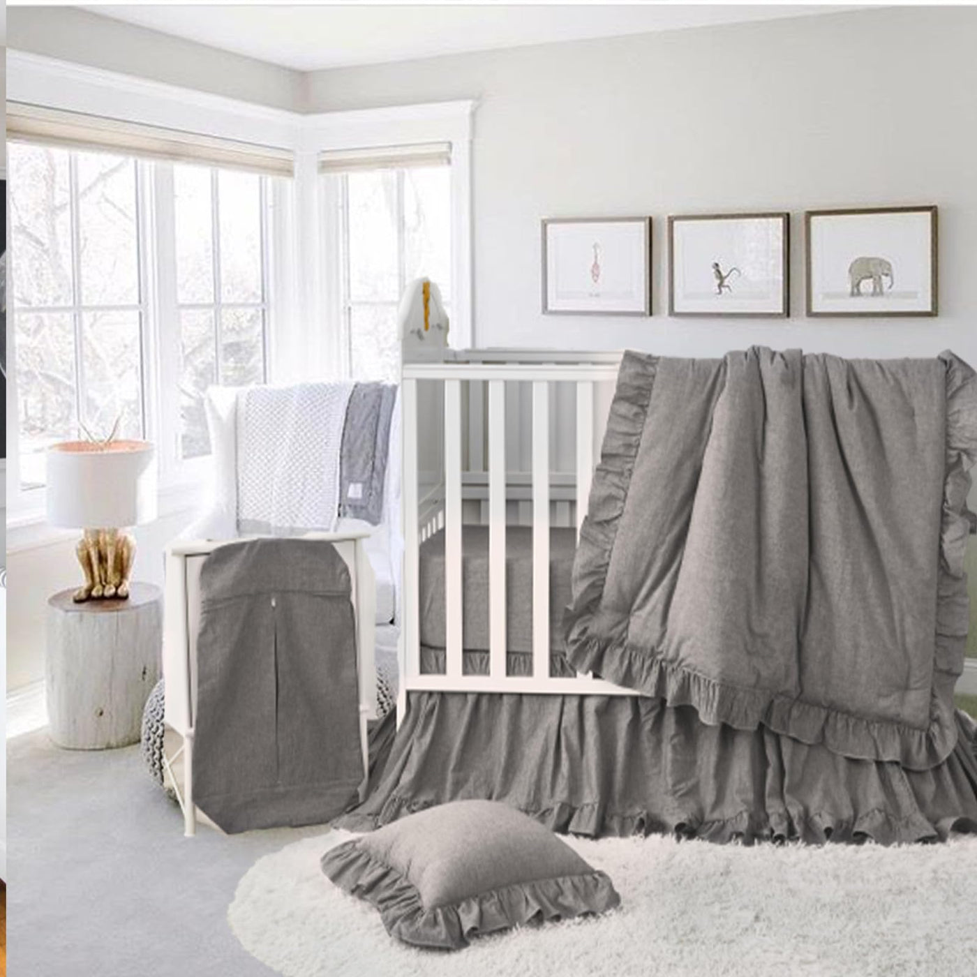 Ruffle Crib Bedding Set 3 Piece - 100% Cotton, Neutral Grey