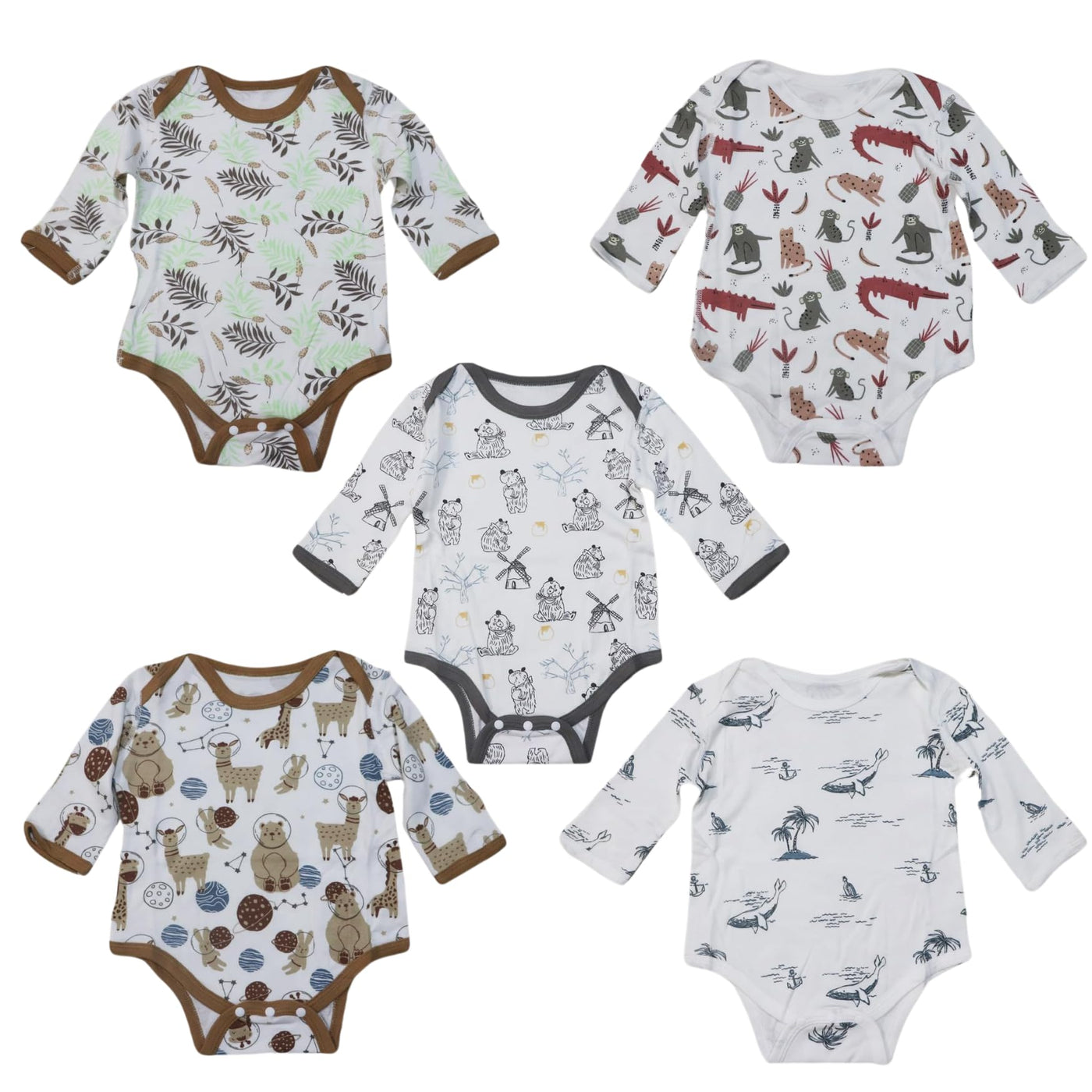 Organic Cotton Baby Bodysuit Romper 5 Pack - Multicolor, Foldover Cuffs, 3-6 Months