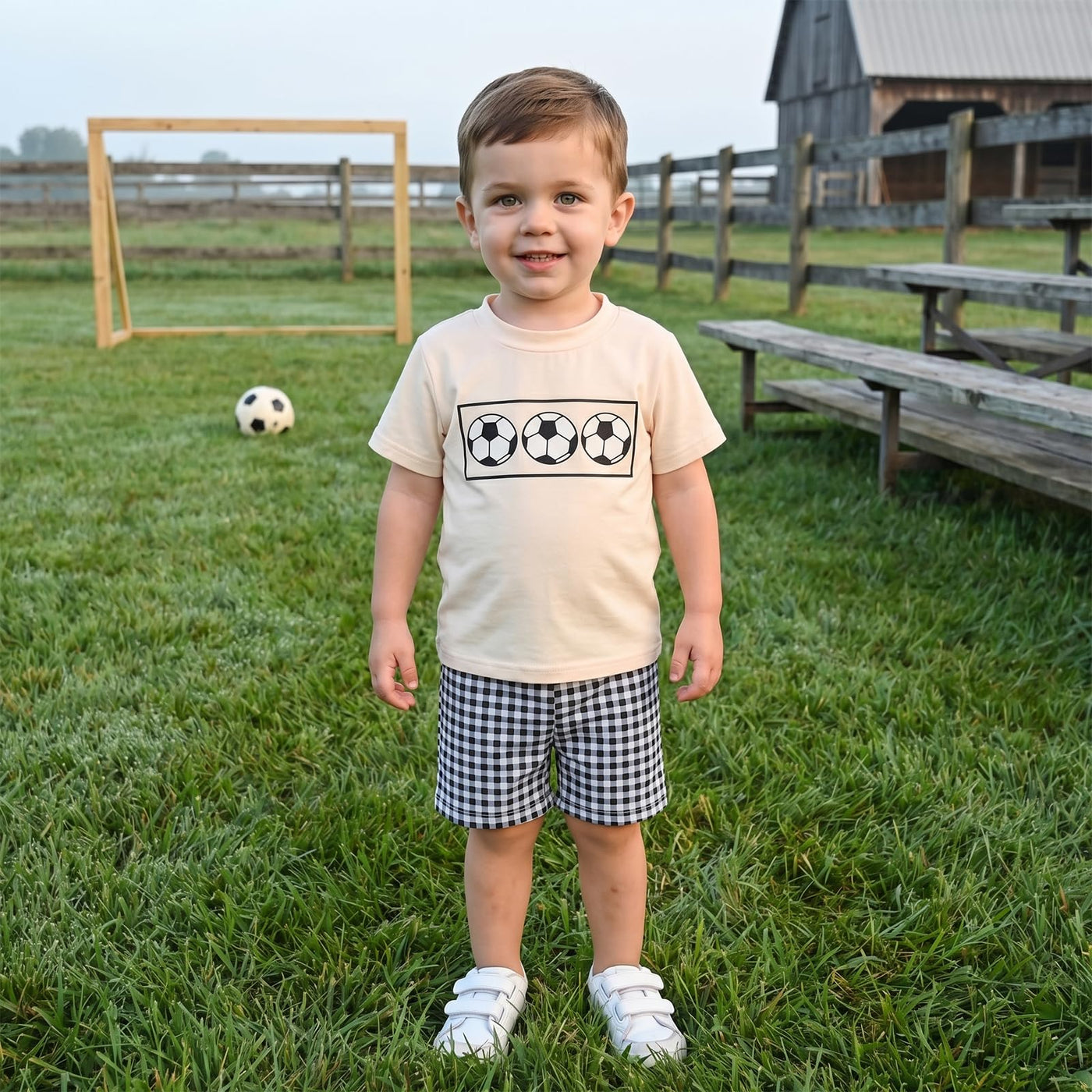 Toddler Soccer Outfit Set - Short Sleeve T-Shirt & Checkerboard Shorts