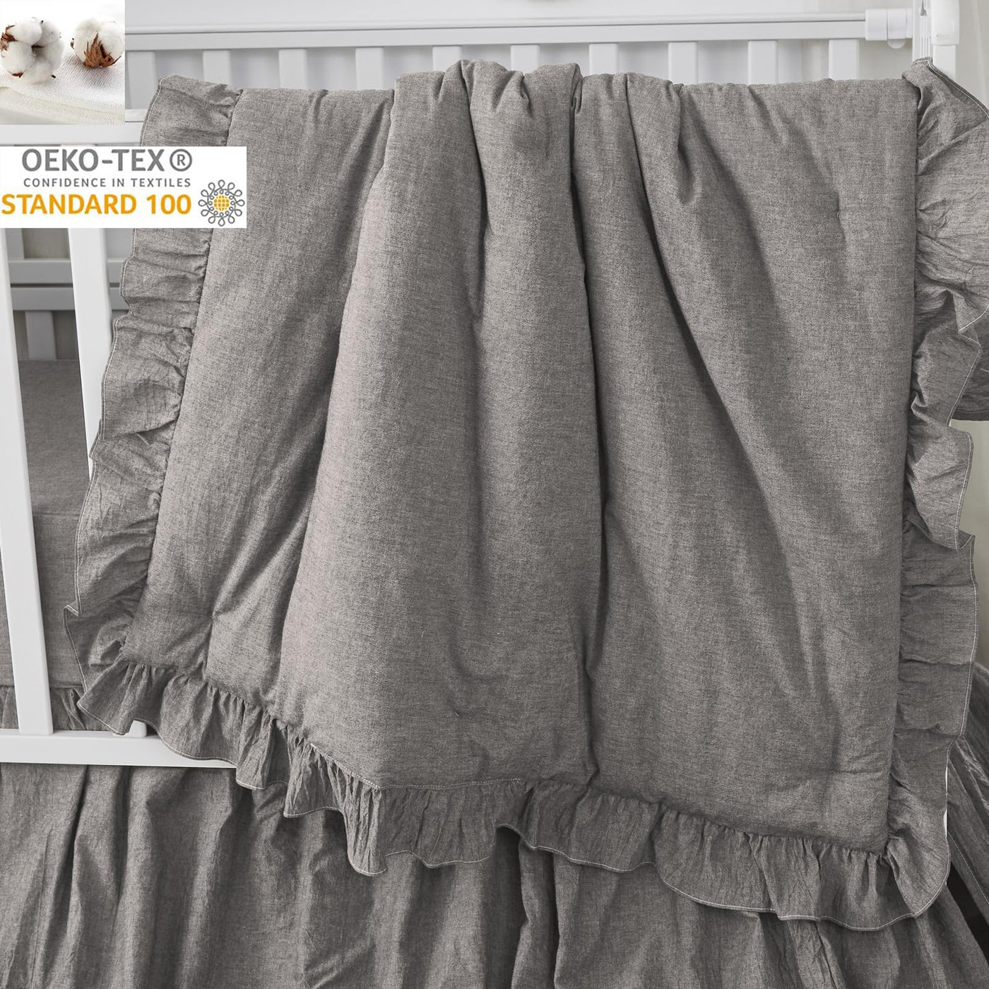 Ruffle Crib Bedding Set 3 Piece - 100% Cotton, Neutral Grey