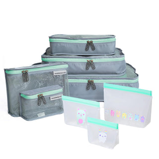 Baby Travel Organizer Set - 5 Packing Bags & 4 Reusable Zip Bags, Aqua