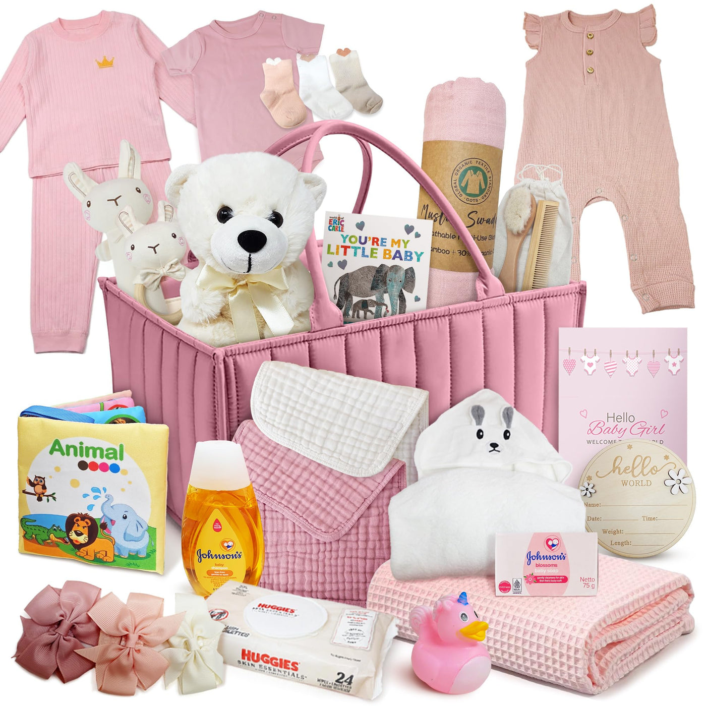 Baby Girl Gift Basket - Newborn Essentials Care Package, Pink & White