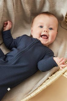 Baby Ribbed Footed Pajamas 3 Pack - Ecru, Blue & Navy, Zip Closure, 6-9 Months